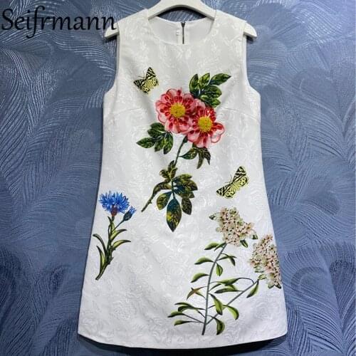 Seifrmann New 2021 Summer Women Fashion Designer Mini Dress Sleeveless Gorgeous Crystal Beading Floral Print Elegant Dresses
