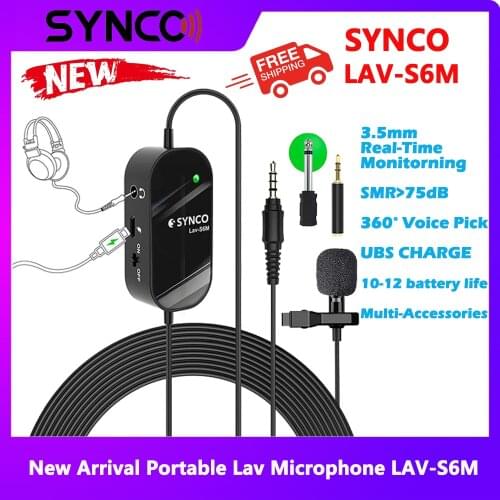 SYNCO Lav-S6M Lavalier, Clip-on Lapel Microphone with 3.5mm Audio Monitoring, 6M Cable Omnidirectional Condenser Mic Support USB