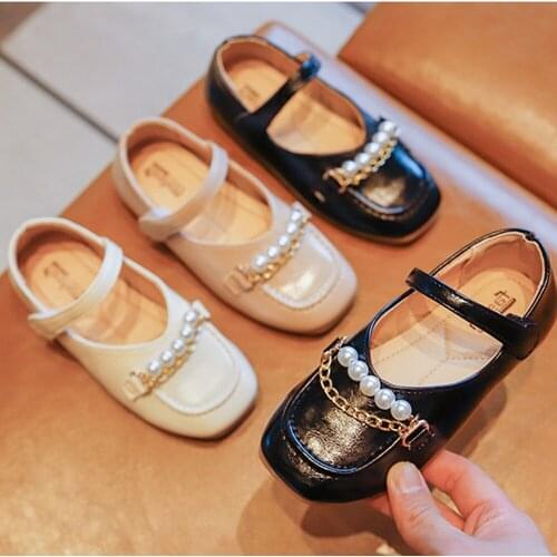 Sweet Girls Princess Shoes 2021 Autumn Kids Children Beaded Chain PU Leather Baby Soft Anti-Slip Shoes Zapatos S12683