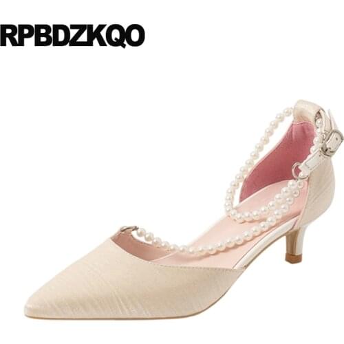 Pearl Pumps Medium Heels Beaded Wedding Shoes Kitten Closed Pointed Toe Bride Thin Ankle Strap Girls Women Bridesmaid Satin High