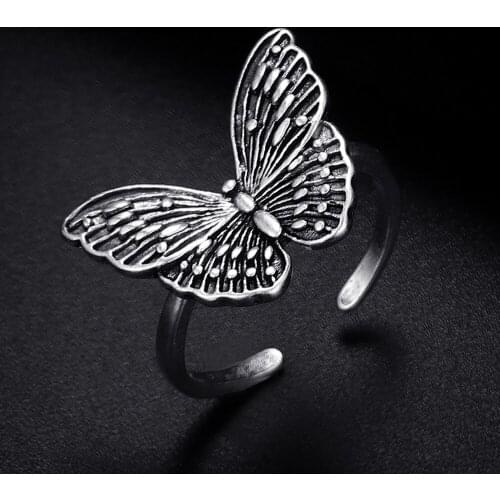 Vintage Butterfy Shape Antique Silver Plated Punk Hiphop Rock Style Resizable Ring for Women Girl & Man Retro Party Jewelry