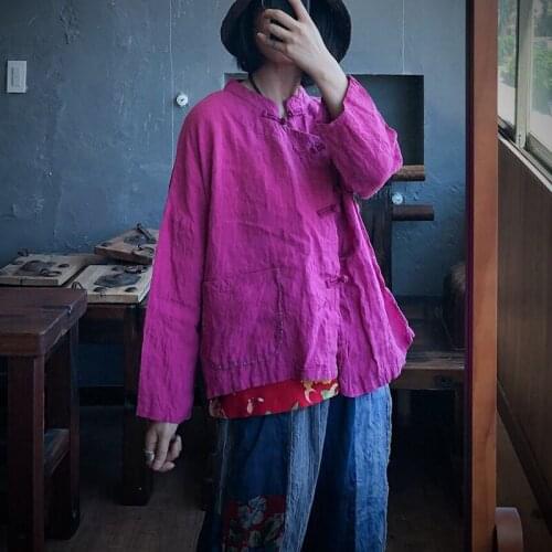 Johnature Women Vintage Ramie Linen Shirt Solid Color Blouses 2021 Autumn Long Sleeve O-neck Shirts Rose Red Retro Tops