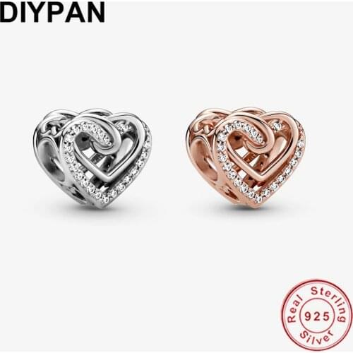 Fit Original Pandora Bracelet Charm 925 Sterling Silver Sparkling Entwined Hearts Charm Zircon Beads Women Jewelry Berloque