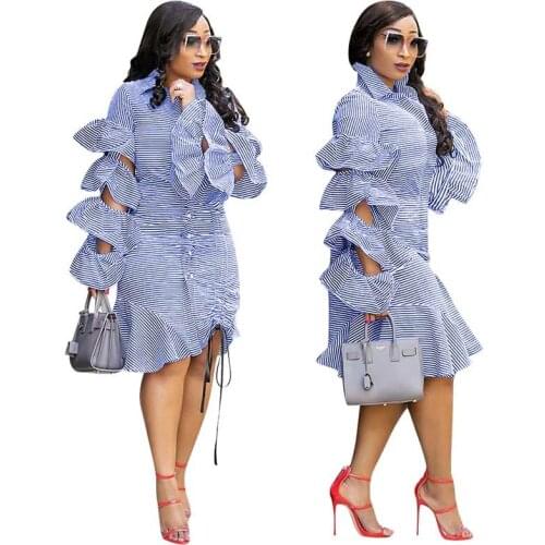 Blue Striped Irregular Shirt Dress Women 2021 Autumn Cascading Ruffles Sleeve Button Midi Dress Casual Party Dresses For Ladies