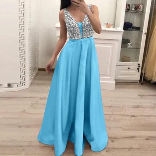 Dresses For Women Summer Sequin Sexy Long Dresses Fashion Sleeveless V-neck Solid Maxi Evening Party Dress Robe Femme #T3G
