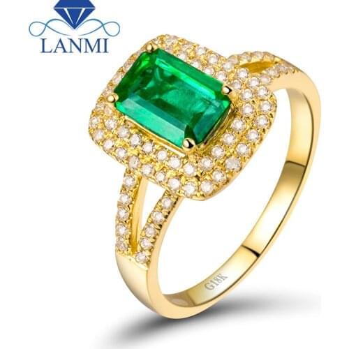 Rings For Women Emerald Cut 5x7mm Solid 18k Yellow Gold Genuine Diamond Natural Emerald Gemstone Engagement Party Ring Jewelry