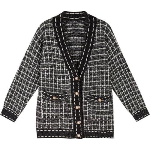 2021 New Womens Ladies Jacket Spring Autumn Retro Mid-Length Femmino Bright Silk Plaid knitted Sweater Cardigan Female Coat