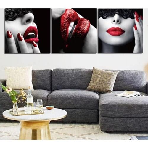 3pcs black and white photo with red lips beauty computer inkjet oil painting frameless decorative painting wall