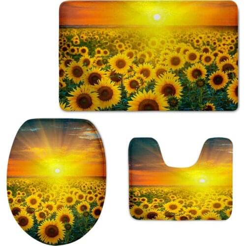 3pcs/set Sunflower Pattern Print Toilet Seat Cover Fresh Style Brief Design Bathroom Floor Mats Non-Slip Shower Carpet Washable