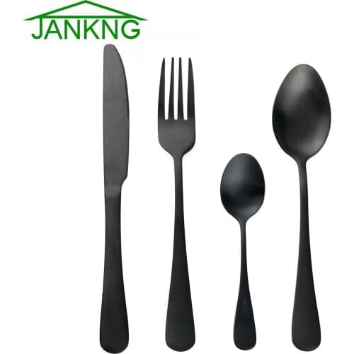 JANKNG 4-Pcs Stainless Steel Luxury Matte Black Cutlery Set Western Gold Tableware Set Fork Knife TeaSpoon Dinner Dinnerware Se