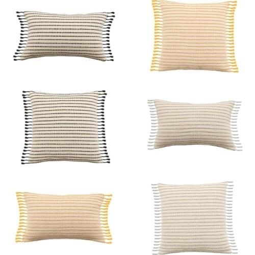 Nordic Bohemian Lumbar Throw Pillow Case Striped Woven Crochet Knitted Fringe Tassels Farmhouse Decorative Cushion Cover