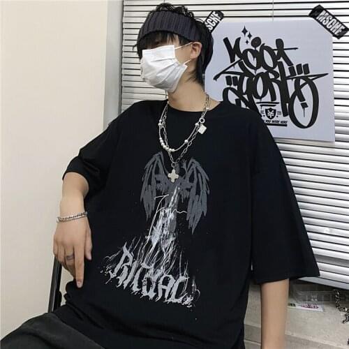 Japanese Cartoon Sweet Dark Pattern Print Hip Hop Y2K Harajuku Black Cotton Loose Short Sleeve Tops Summer Vintage Women T-shirt
