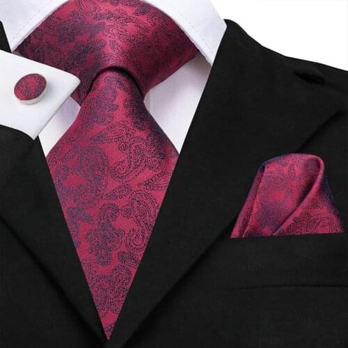 Hi-Tie Wholesale Red Tie for Men Silk Tie Paisley Necktie Set Pocket Square Cufflinks Suit Tie for Business Party SN-3150