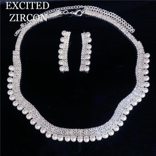 Fashion round pearl necklace earrings set bride luxury wedding charming rhinestone crystal jewelry evening banquet accessories