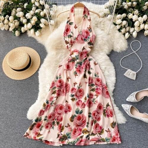 Summer Halter Sleeveless Off The Shoulder Dress Women Fashion Print Floral Vintage Beach Dress Backless Sexy Club Long Dresses