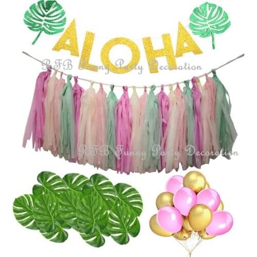 Luau Hawaiian Tropical Party Decorations Set Aloha Banner Tropical Palm Simulation Leaves Paper Tassel Garland Party Balloons