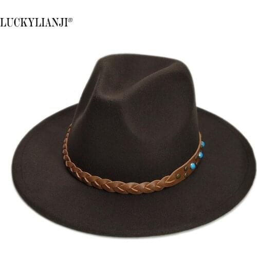 LUCKYLIANJI Retro Wool Felt Kid Child Solid Color Panama Fedora Bowler Hat Gangster Turquoise Belt Cap (Size:54cm,Adjust Rope)