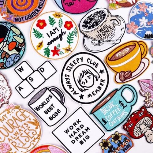 Coffee Cup Patches On Clothes DIY Cartoon Applique Always Sleepy Tired Patches Letter Embroidered Patches For Clothing Stickers