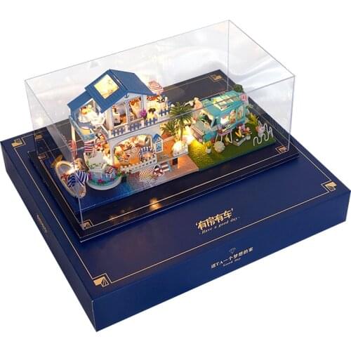 New Ocean Cottage Mini Size Casa Diy Houten Poppenhuis Kit Miniatuur Met Meubels Blue Poppenhuis Speelgoed Voor Vrienden Meisjes