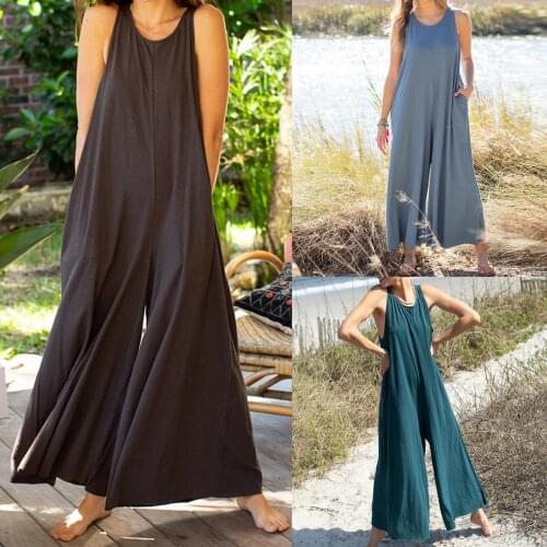 Solid Loose Trousers Women Wide Leg Long Jumpsuits Casual Solid Color Comfortable Sleeveless Coveralls Oversized