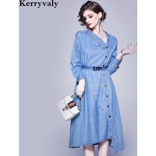 Autumn Plus Size Loose Asymmetric Blue Denim Dress Vestidos Verano 2020 Computer Cable Lock Female Midi Jeas Dress K3120