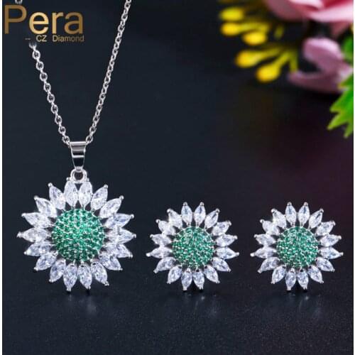 Pera Top Quality Fashion Brilliant Women Jewelry Set Big Sun Flower Green and White Zirconia Earring and Necklace for Party J212