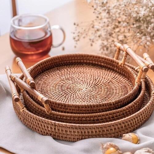 Japaness Type Handwoven Rattan Storage Tray Cake Platter Retro Round Bread Basket Food Fruit Plate Serving Tray Photo Decoration