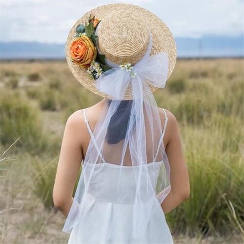 Flowers Straw Bag for Women 2021 Summer Beach Bag White Yarn Ribbon Handmade Weave Totes Travel Handbag With Sun Hat set