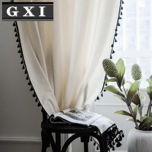 Light Beige Bohemian Solid Partition Curtain for Living Room Kitchen Romantic Black Tassel Linen Blinds Geometric Finished Drape