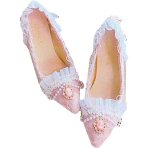 Pointed high heel womens shoes French girl shoes Autumn and winter net safflower married princess Vintage Sweet Lolita Shoes