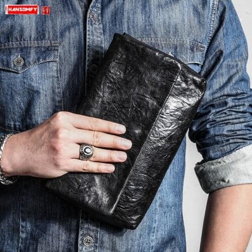 Large-capacity Envelope Bag Clamshell Casual Leather Men Clutch Bag Soft Leather Clutch Mens Tide Bag Vintage Black