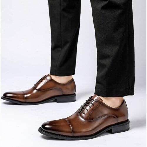 Yomior New Autumn Winter Men Formal Dress Shoes Pointed Toe Genuine Leather Casual Loafers Lace-Up Wedding Oxfords Vintage