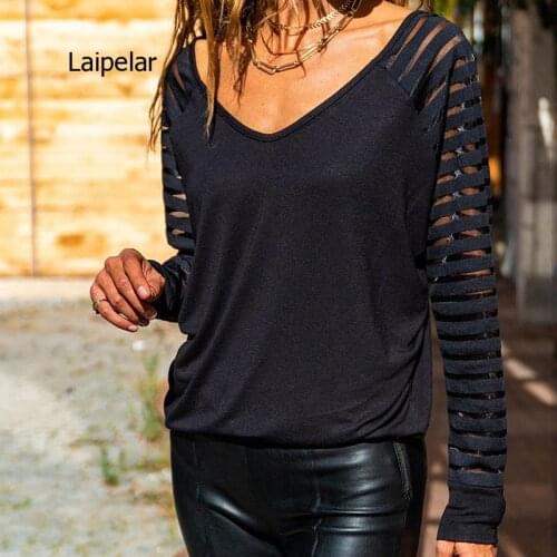 New Autumn Woman Tshirts Large Size Solid Color V-Neck Hollow Stripes Long Sleeve Loose Aesthetic Womens Fall Clothing 2021