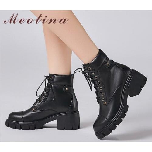 Meotina Winter Ankle Boots Women Natural Genuine Leather Thick High Heels Short Boots Lace Up Round Toe Shoes Lady Fall Size 39