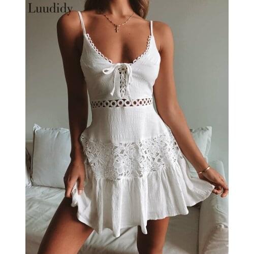 Women Sexy Crochet Lace Hollow Out Tie Front Dress Elegant Fashion Chic Dress