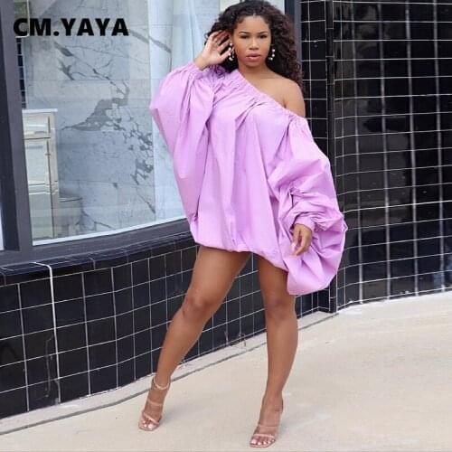 CM.YAYA Women Mini Dress Solid Full Puff Sleeve Slash Neck Off Shoulder Loose Dresses Sexy Fashion Vestidos High Streetwear Fall