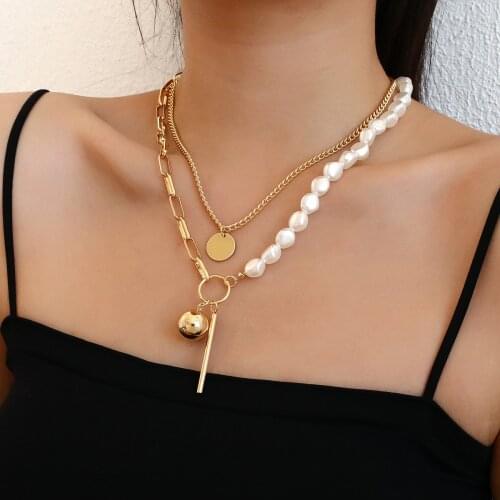 AENSOA 2021 New Fashion 2 Layers Baroque Pearl Charm Chain Necklace for Women Collar Metal Circle Round Ball Choker Necklaces