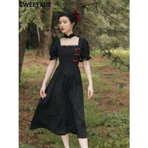 SWEETXUE Womens 2021 Fashion Designer Elegant Party Dress Black Cheongsam Party Chic Romantic Dark Pattern Embroidered Dress