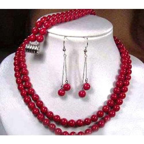 2 rows 8mm red shell pearl round beads necklace earrings bracelet set AAA