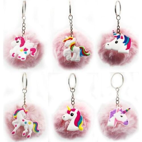 95-100mm Fashion DIY Cute Fairytale PVC Unicorn Plush Ball Pompom Keychain Horse Key Rings Holder For Woman Girls Gift Jewelry