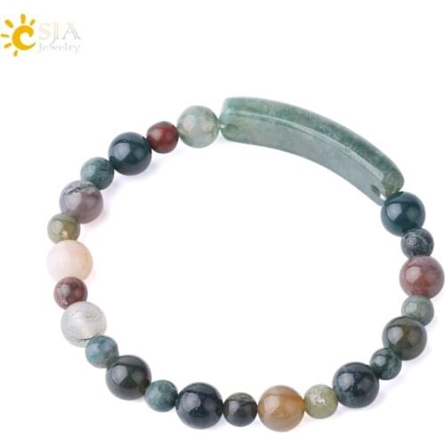CSJA 6mm 8mm Moss Agates Bracelet Natural Stones Green Rectangle Round Beads Elastic Bracelets for Women Men Strand Bangles F733