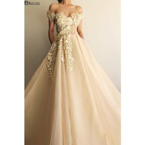 Elegant Champagne Evening Dresses 2020 A-Line Off The Shoulder 3D Flowers Appliques Dubai Arabic Long Evening Gowns Prom Dress