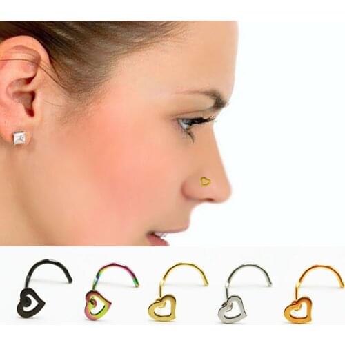 5Pcs 2020 Last Love Shape Hook Nose Nail Stainless Steel Hollow Hearts Nose Ring Body Piercings Septum Jewelry