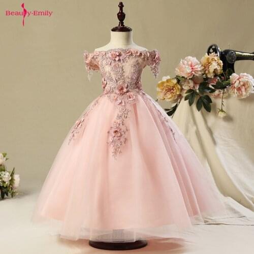 Beauty Emily Boat Neck Princess Child Dresses For Wedding Party Pink Lace Beads Floral Girl Dress Tulle Luxurious pageant dress