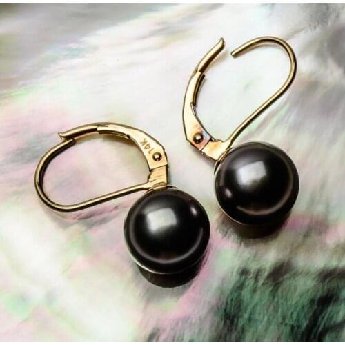 8.8mm Round Black Real Tahitian Pearl Leverback drop Earrings 14k Yellow Gold