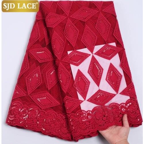 SJD LACE Red African Lace Fabric With Sequins French Lace Fabric Embroidery Milk Silk Laces For Wedding Party Material Sew A2215