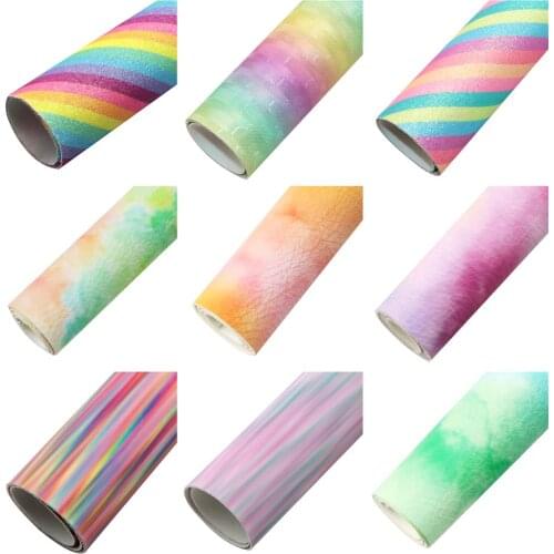 Gradient Rainbow Color Faux Leather Sheets Striped Glitter Bump Textured Synthetic Leather Fabric 20x33cm for DIY Earrings Bows