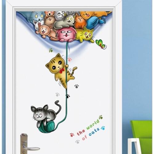 Lovely Cartoon Cats Door Decor Art Wall stickers Line Ball Cat Home Decor For Kids Room Cute Animals PVC Vinyl Wall Decals