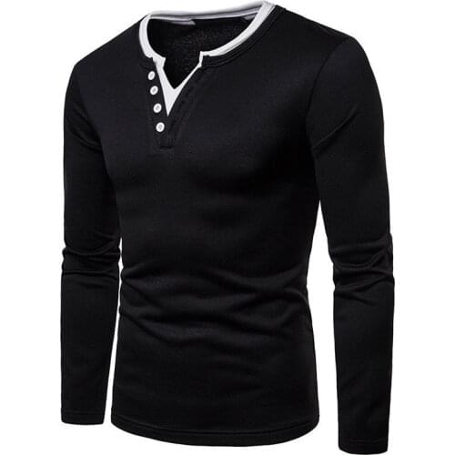 2018 New Style Fashion Mens Long Sleeve Classic Slim Fit V Neck Tops Button V Neck Patchwork T-shirts