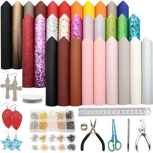 30 Pieces Leather Leather Earring Making Kits with 4 Styles Faux Leather Sheets,Earring Hooks,Jump Rings and Tools for Earrings